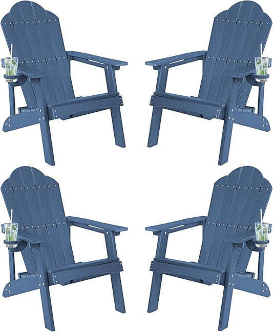 LUE BONA HDPE Adirondack Chairs Set of 2,Plastic Adirondack Chairs with Cup Holder Weather Resistant for Outdoor, Patio, Lawn, Garden, Backyard Deck, Fire Pit, Blue
