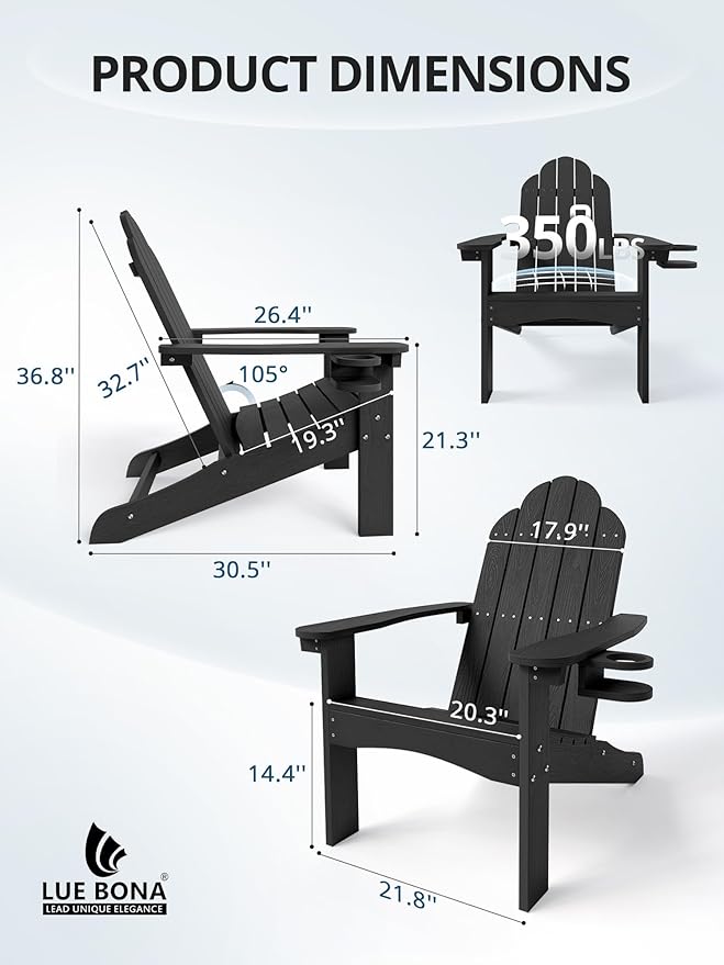 LUE BONA HDPE Adirondack Chairs Set of 4,Plastic Adirondack Chairs with Cup Holder Weather Resistant for Outdoor, Patio, Lawn, Garden, Backyard Deck, Fire Pit, Black