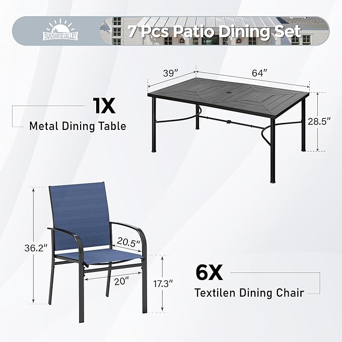 7 Pcs Patio Dining Set for 6, Rectangular Metal Dining Table with Umbrella Hole and 6 Chairs, Outdoor Table and Chairs Set for Lawn Garden Backyard and Deck, Blue