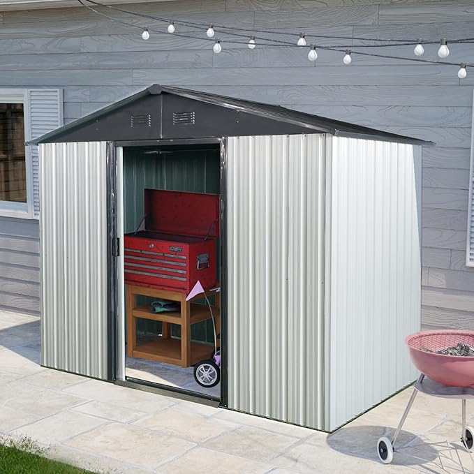 8ft 4ft Outdoor Metal Storage Shed with Sliding Door & Foundation – Durable, Weather -, Lockable for, Tools & Equipment (White + Black) (1 Doors)