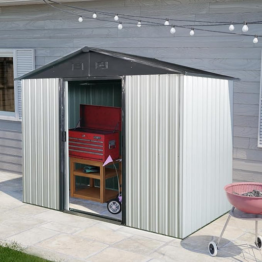 8ft 4ft Outdoor Metal Storage Shed with Sliding Door & Foundation – Durable, Weather -, Lockable for, Tools & Equipment (White + Black) (1 Doors)