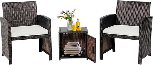Tangkula 3 Pieces Outdoor Wicker Conversation Set with Waterproof Cover, 2 Patio PE Rattan Cushioned Chairs with Side Storage Table, Suitable for Front Porch, Balcony, Garden, Poolside (White)