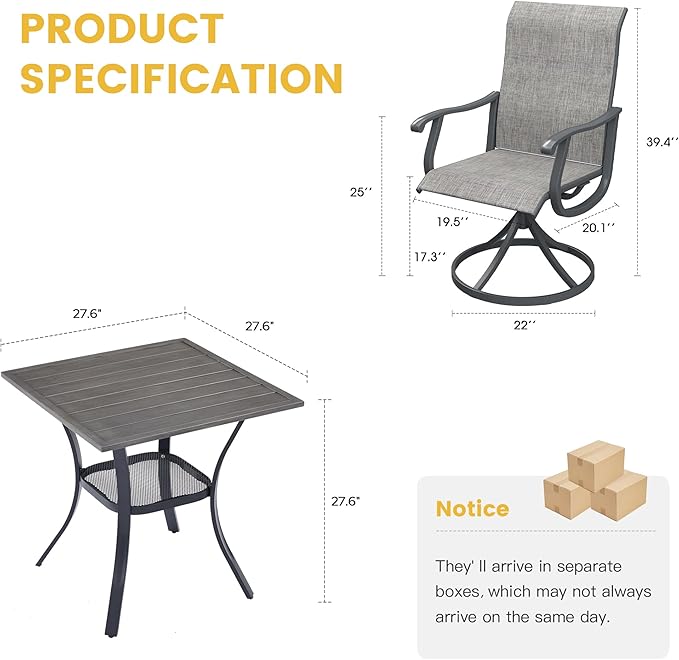 VICLLAX 3 Pieces Patio Dining Set Includes 28" Square Small Outdoor Table and 2 Patio Swivel Chairs for Lawn Garden, Grey Wood Grain Tabletop and Grey Fabric