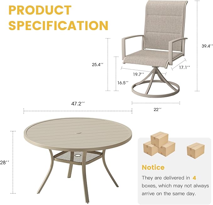 VICLLAX 7 Pieces Patio Dining Set for 6, All Weather Outdoor Furniture - 47.2" Round Patio Table and Swivel Padded Chairs, Sandshell Color Tabletop and Fabric