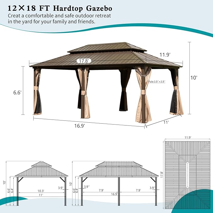 Domi 12' x 18' Hardtop Gazebo Permanent Metal Gazebo with Galvanized Steel Double Roof, Curtains and Netting for Party, Wedding, Outdoor Dining, Patio, Backyard, Brown