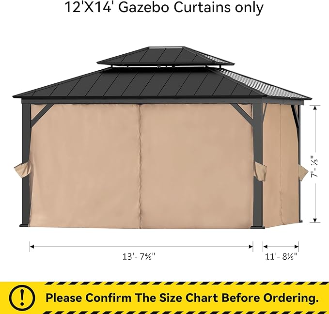 Gazebo Curtain Replacement Universal 4-Panel Sidewalls 12' x 14', Outdoor Gazebo Privacy Curtains with Zipper, Replacement for Outdoor, Patio Canopy, Garden and Backyard (Curtain Only)