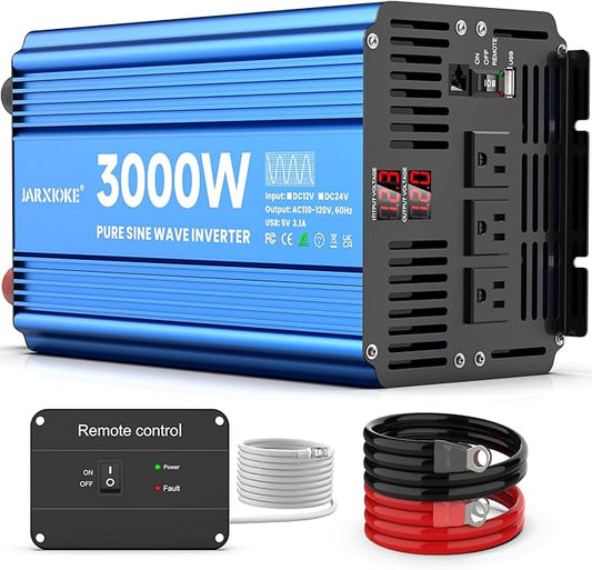 3000 Watt Pure Sine Wave Power Inverter 12V DC to 110V 120V Converter for Home, RV and Off-Grid Solar Systems with 3 AC Outlets, Dual USB Ports, LCD Display and Remote Control