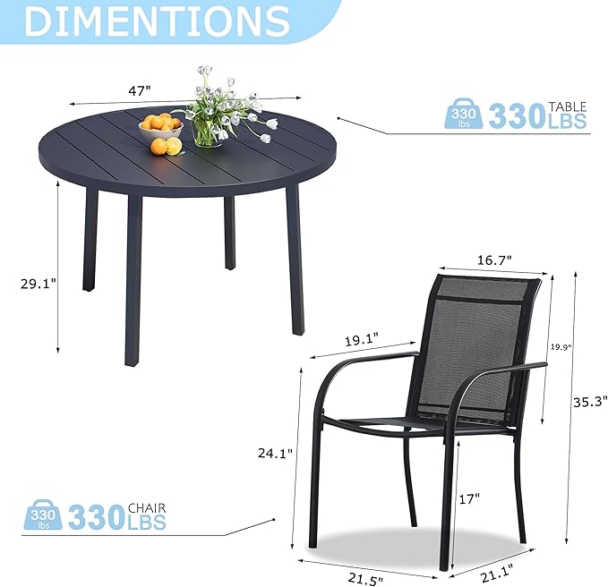 7 Pieces Round Dining Table Set for 6, Patio Dining Set Includes 6 Black Stackable Patio Chairs and 1 Black Round Table Set of 6, Patio Furniture Sets with Sling Support for Outside, Garden