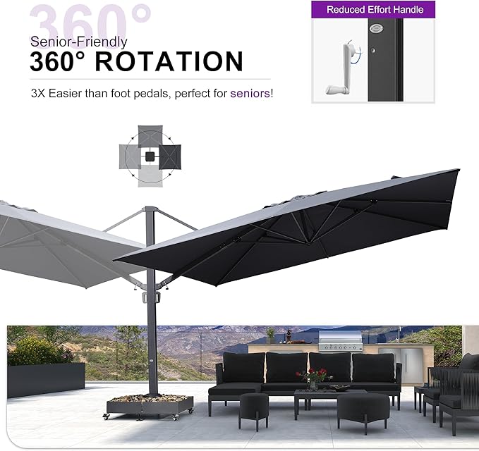 PURPLE LEAF 13 FT Square Patio Umbrella with Base Included Large Cantilever Outdoor Aluminum Offset Umbrella with 360-degree Rotation for Garden Deck Backyard Pool Grey
