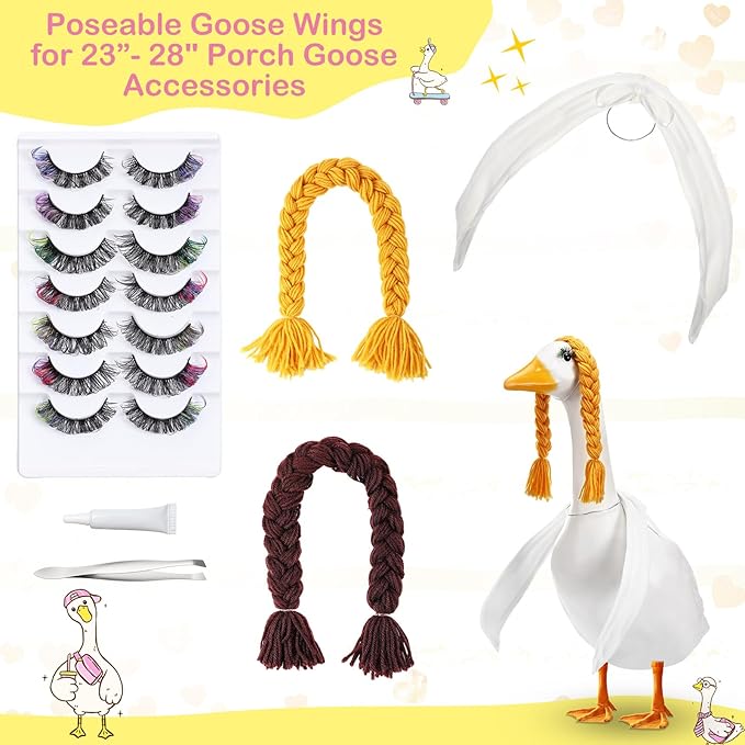 Aliceset 6 pcs Porch Goose Wings with Wigs Eyelash Cute Goosey Braid Wigs PoseAble Wings Reusable 3D Salon Eyelashes with Color for 23/17'' Outdoor Patio Yard Lawn Art Decoration