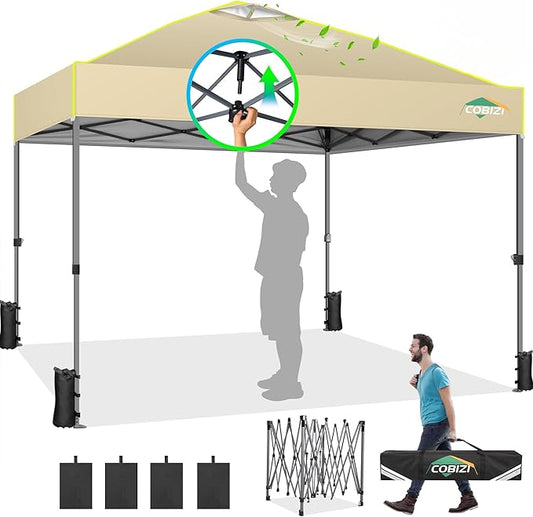 COBIZI Canopy 10x10 Pop Up Canopy Tent 1-Button Push Easy up Outdoor Canopy Instant Portable Commercial Shelter Waterproof UPF50+ Gazebo with Reflective Strip, Air Vent & 4 Sandbags,Khaki