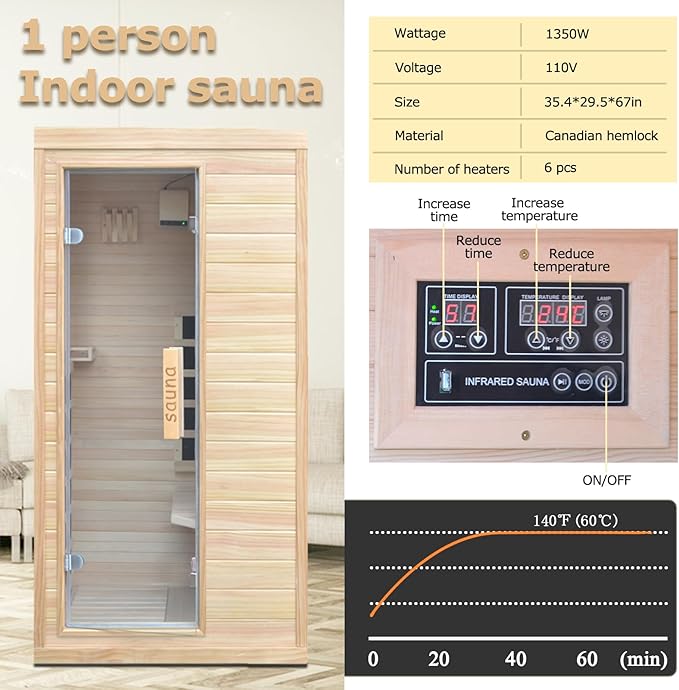 1 Person Infrared Sauna, Hemlock Wooden Indoor Far Infrared Side-Opening Sauna Room,Home Dry Sauna with 6 Infrared Heating Panels Tempered Glass Door,Bluetooth Speakers 7 Chromotherapy Lights（1350W）
