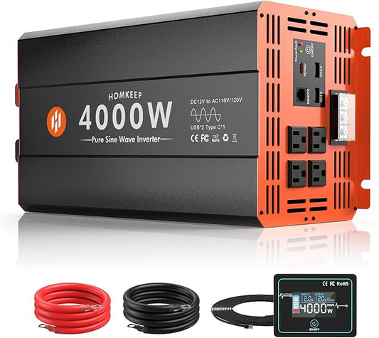 4000W Pure Sine Wave Power Inverter 12V DC to 110V AC Converter Peak Power 8000W for RV Truck Off-Grid Solar Car Inverter with 4 AC Outlets, 2 USB & 1 Type-C Ports, Hardwire Kit, Remote Controller