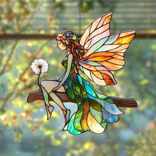 Cute Fairy Acrylic Suncatcher Stained Glass Effect Window Car Hanging Christmas Ornament Indoor Outdoor Decor Garden Sun Catcher Panel Gifts for Fairy Tale Lover for Women Mom Grandma