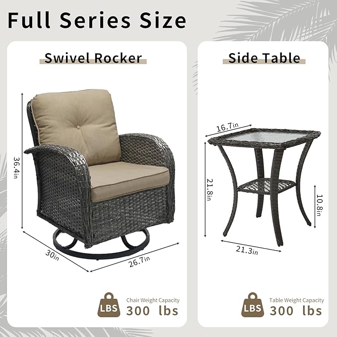 3 Pieces Patio Furniture Set, Outdoor Swivel Rocking Chair Set of 2 with Side Table - 360° Swivel, Thick Cushions, All-Weather Bistro Set for Deck, Porch, Pool(Brown, Grey Full-Weave Rattan)