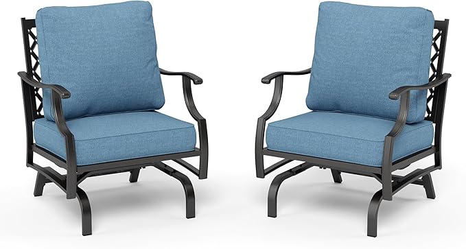 HERA'S HOUSE Outdoor Chairs Set of 2, 2 x Patio Chair with Navy Blue Cushions, All Weather Outdoor Furniture for Lawn Garden Backyard Deck(Rocking Chairs)