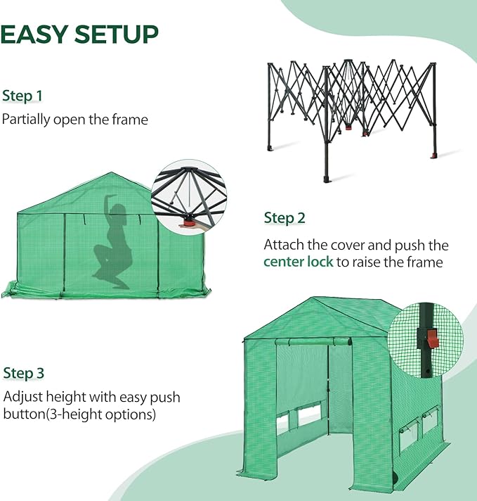 8x8 Pop Up Walk-in Greenhouse, Indoor & Outdoor PE Cover Green House w/ Power Access Ports, Roll-up Zippered Doors and Windows, Green