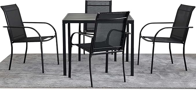 5 Pieces Round Dining Table Set for 4, Patio Dining Set Includes 4 Black Stackable Patio Chairs and Black Square Table, Patio Furniture Sets with Sling Support for Outside, Garden
