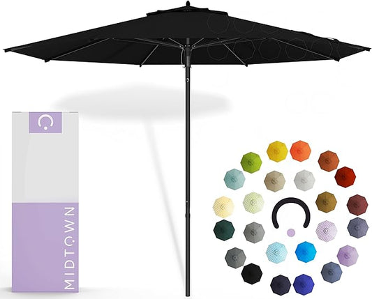 Midtown Umbrellas Push and Pop 9 Feet Outdoor Umbrella, Ebony (Black) Polyester Fabric - Fiberglass Ribs Deck Patio Umbrella, Backyard Umbrella, Garden Umbrella & Pool Umbrella - Black Pole