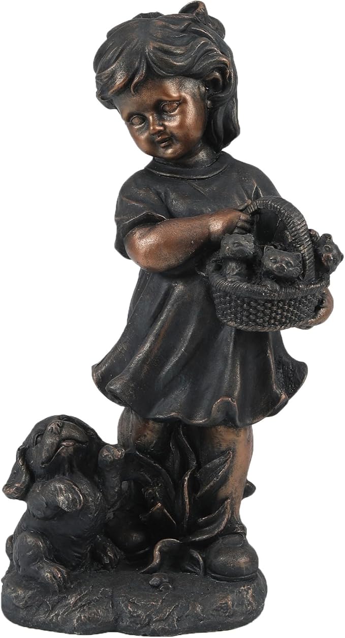 LuxenHome Garden Decor Statue,23" Fiber Stone Girl and Puppy Outdoor Statue, Bronze Garden Sculpture, Outdoor Art for Patio Courtyard Backyard Decor, House Warming Gifts