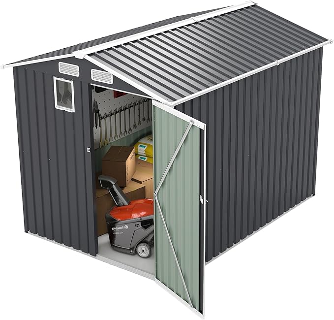 6x8 FT Sheds & Outdoor Storage,Steel Storage Shed with Lockable Doors and Window,Waterproof Garden Shed w/Roof Slope Design & Weather Versatility,Tool House for Storing Bicycles,Dark Gray