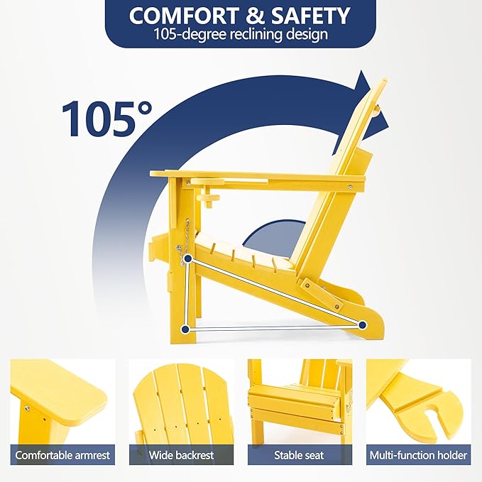 Folding Adirondack Chair, HDPE Outdoor Texture Lawn Chair with Reclining Back, Cup and Phone Holder - Comfortable Firepit Chair Weather Resistant for Patio or Backyard (Yellow, Set of 4)