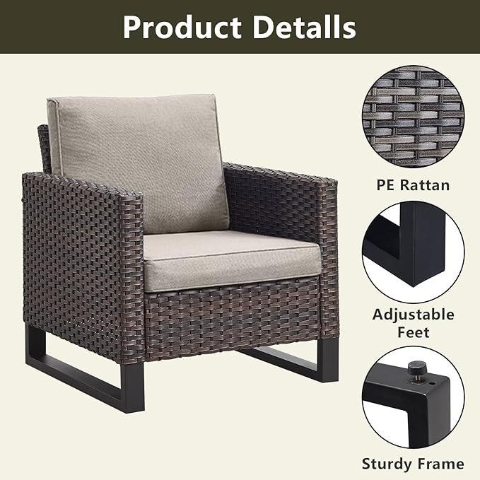 Rilyson Wicker Outdoor Patio Chairs Set - 3 Piece Rattan Patio Furniture Bistro Chairs Set with Waterproof Wicker,Comfortable Cushions and Sturdy Metal Frame for Porch Deck Backyard(Brown/Grey)