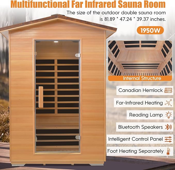 Far Infrared Sauna Home Sauna Outdoor Sauna for 2 Person, Dry Sauna with Low EMF 1950W,with Towel Rack and Cup Holder,Canadian Hemlock Wood