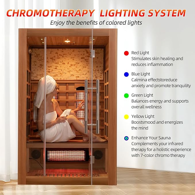 2 Person Infrared Sauna Room with Red Light Therapy, Wood Indoor Saunas Spa with WiFi Control, Oxygen Bar, Speaker, Backrest, 1800W/220V, Ideal Sauna for Gym, Home (Canadian Hemlock)