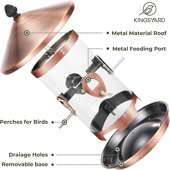 Kingsyard Metal Bird Feeders for Outdoors Hanging with 8 Ports, 4.5 lbs Large Tube Bird Feeder with Seed Tray for Cardinal Finch, Easy to Fill and Clean, Copper