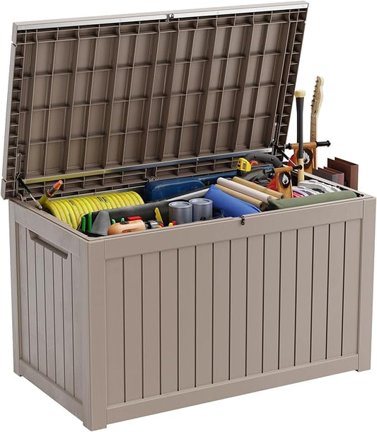 280 Gallon Resin Deck Box, Lockable Outdoor Storage Box for Patio Cushions Storage Furniture,Garden Tools, Pool Supplies, Weatherproof and UV Resistant（Grey）