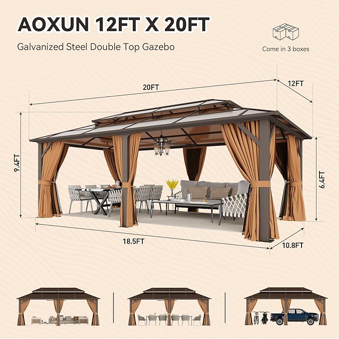 Aoxun Hardtop Gazebo, Aluminum Frame Permanent Pavilion with Netting and Curtains, Outdoor Polycarbonate Double Roof Canopy, Designed for Lawn, Garden, Patio (Brown, 12'x20' with Ground Anchor)