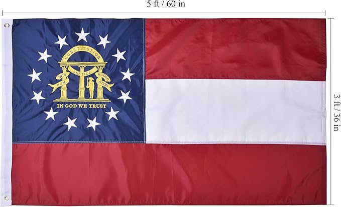Georgia State Flag 3x5 Ft Deluxe Full Embroidered Premium Polyester Durable GA Outside Flag with Sewn Stripes and Brass Grommets for Indoor/Outdoor