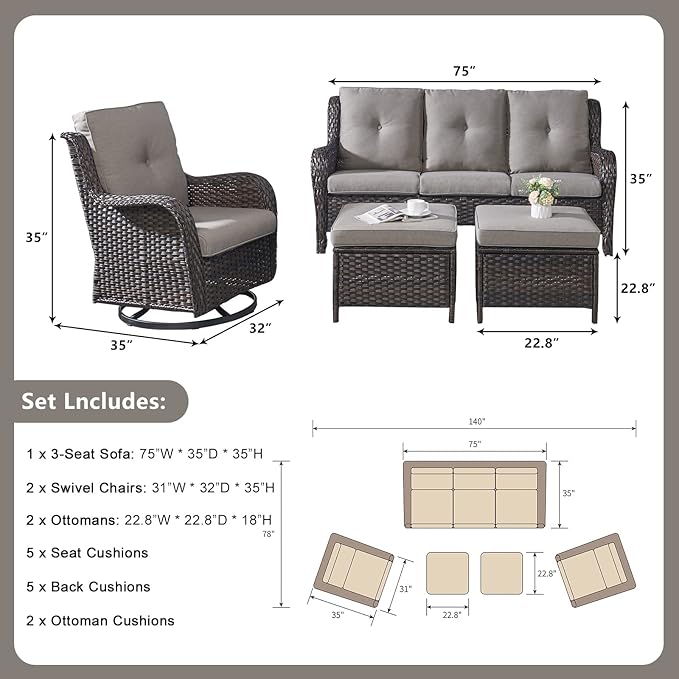 Rilyson 5 Piece Outdoor Patio Furniture Set - Rattan Wicker Patio Conversation Sets with 2 Swivel Rocker Chairs,2 Ottomans and 1 Sofa for Outside Porch Deck Backyard(Brown/Grey)