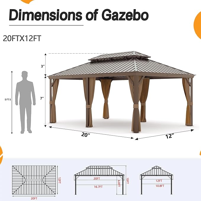 12' x 20' Outdoor Hardtop Gazebo Aluminum Frame with Double Metal Roof, Canopy Netting, Curtain, Patio Permanent Galvanized Steel Gazebo for Backyard, Garden, Party, Deck, Lawn