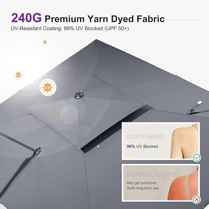 PURPLE LEAF 12' X 12' Patio Umbrella Outdoor Square Umbrella Large Cantilever Windproof Offset for Garden, Deck, Backyard and Pool, Grey