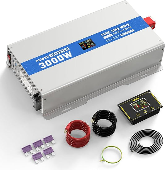 3000W Pure Sine Wave Power Inverter 24V DC to 120V AC Converter, Off-Grid Solar, RV, Truck, Boat, Car with Dual GFCI Outlets, 30W USB, 18W Type-C for Emergency Power,Gray Blue