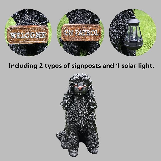 Porch Greeter Dog Statue with Flip-Over “Welcome/ON Patrol” Hanging Plaque and Solar Walkway Lantern, Black Sitting Poodle Yard Accent