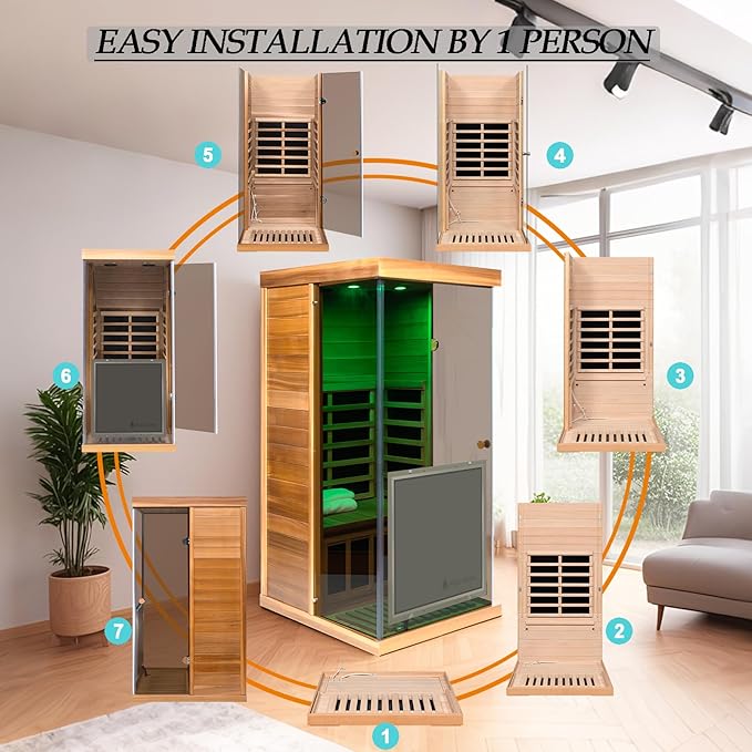 Red Cedar Dry Sauna for Home, Low EMF Far Infrared Indoor Sauna 1 Person 1100W/120V with 6 Carbon Panel Heater & LCD Control Panel & Bluetooth Audio & Chromotherapy Lights & 270° Panoramic Vision