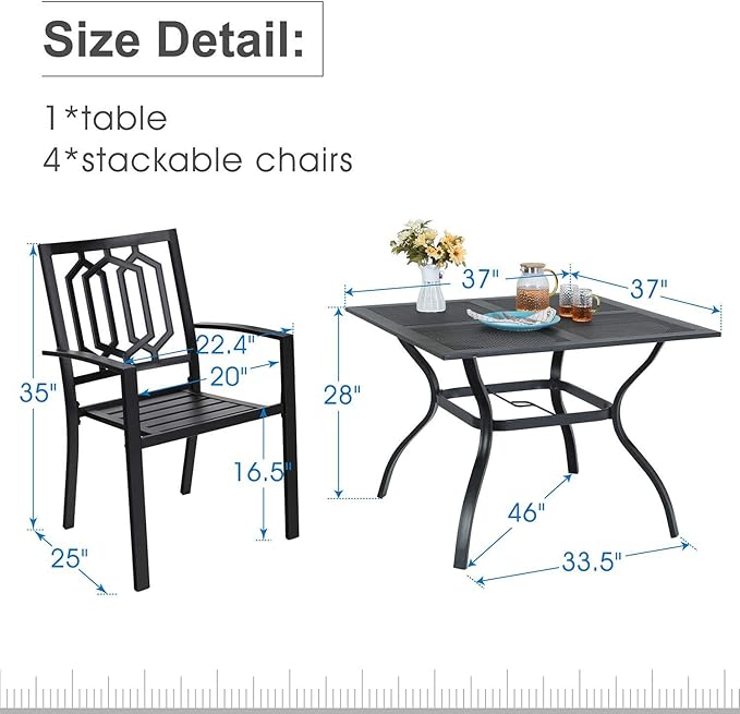 PHI VILLA Patio Dining Set 5 Pcs 1 Metal Square Garden Umbrella Table 37" and 4 Armrest Chairs Support 300 lbs for Ourdoor Backyard Bistro Furniture Set