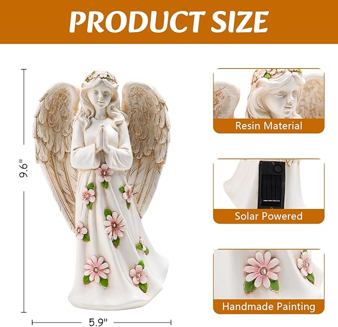 Angel Statue for Garden - 9.65 inches Guardian Solar Garden Statue, Gardening Gifts for Mom Grandma Lawn Ornaments Figurines for Outdoor Decor