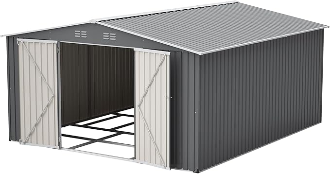 12x14 FT Shed Outdoor Storage Metal Large Garden Tool Sheds with Lockable Doors Floor Frame Gable Roof Waterproof Steel Utility Equipment Sheds for Backyard Patio Lawn Poolside, Black
