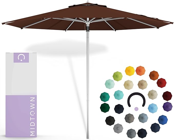 Midtown Umbrellas Push Pop Sunbrella Umbrella 9 Feet Outdoor Umbrella in Bay Brown - Patio Umbrella, Backyard Umbrella, Garden Umbrella, Picnic Table Umbrella & Pool Umbrella - Black Pole
