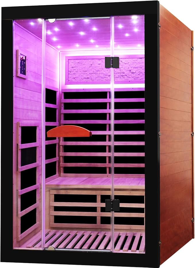 Infrared Sauna 2000W Wooden Saunas Home Spa Room Wood Low-EMF Indoor Saunas with with 7 Color Starry Sky Ceiling Light for Two Person 74.8 * 47.2 * 41.3Inch