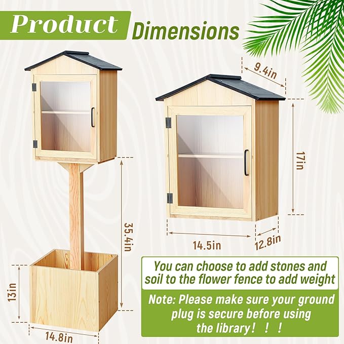 Wooden Library Box Outdoor Library, Double Outdoor Box Storage with Floor Plugs and Small Flower Fence for DIY, Community, Literature, School(Natural Wood,Steepletop)