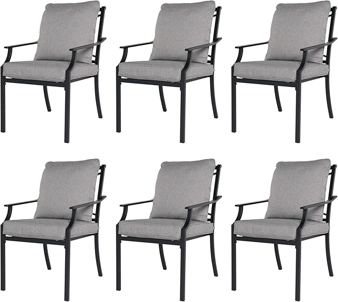 Grand patio Dining Chairs Set of 6，Outdoor Fixed Patio Dining Chairs Set of 6，Fixed Dining Chair，Outdoor Dining Chairs with Grey Cushions, Patio Chairs for Outside, Garden Lawn Porch, Backyard