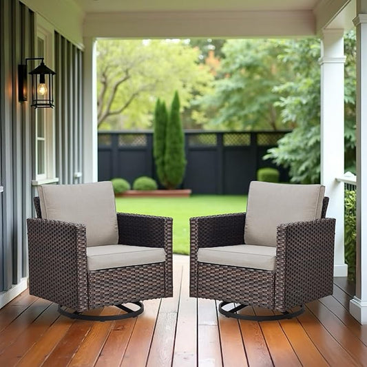 Luxury Outdoor Swivel Rocker Patio Chairs Set of 2, Swivel Patio Chairs for Porch, Yard, Deck, Poolside, Brown/Beige
