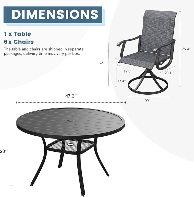 DIFY 7 Pieces Outdoor Patio Dining Set, 6 Dark Grey Textilene Swivel Dining Chairs and 47.2" Black Round Dining Table, Metal Outdoor Table and Chairs