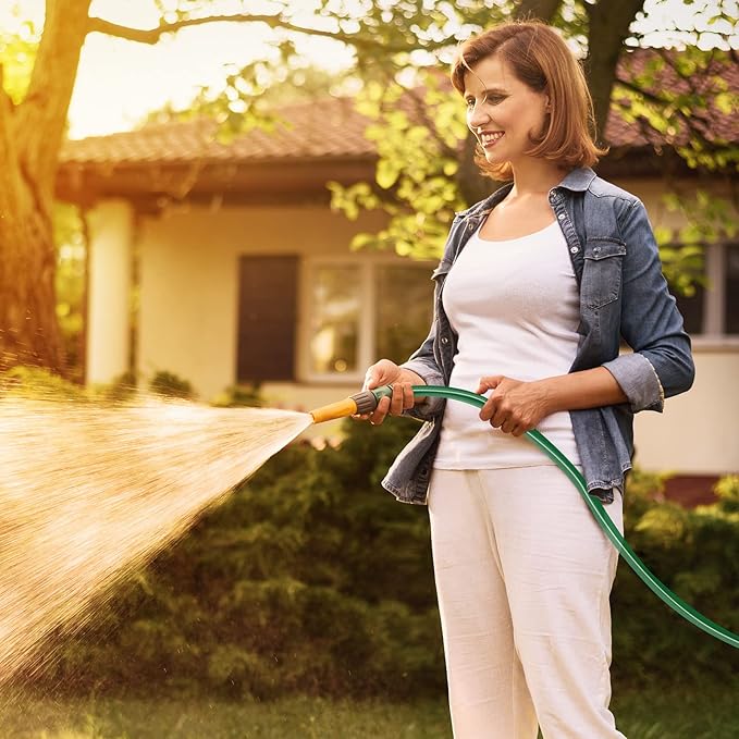 Worth Long Lead-in Green Garden Hose 5/8 in. x 100 ft. -Kink Free, No Leaking, Male/Female Fittings -Heavy Duty Durable Flexible Lightweight Water Pipe -Brass Aluminum Ends for Household & Yard Use