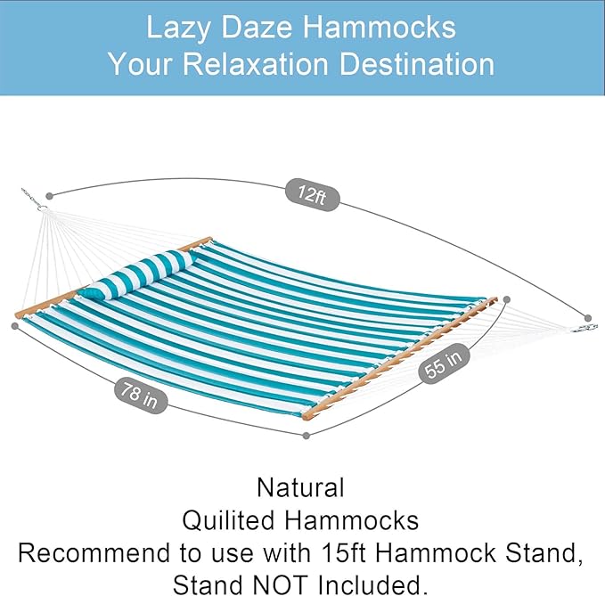 Lazy Daze Hammocks 12FT Quilted Fabric Double Hammock with Spreader Bars and Detachable Pillow, 2 Person Hammock for Outdoor Patio Backyard Poolside, 450 LBS Weight Capacity, Sailor Stripe